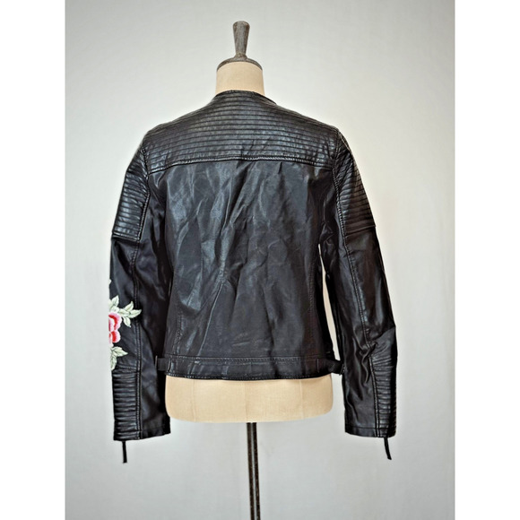 Top Shop Black Faux Leather Embroidered Moto Jacket Womens 10 / Medium #1-0166 - Picture 2 of 13